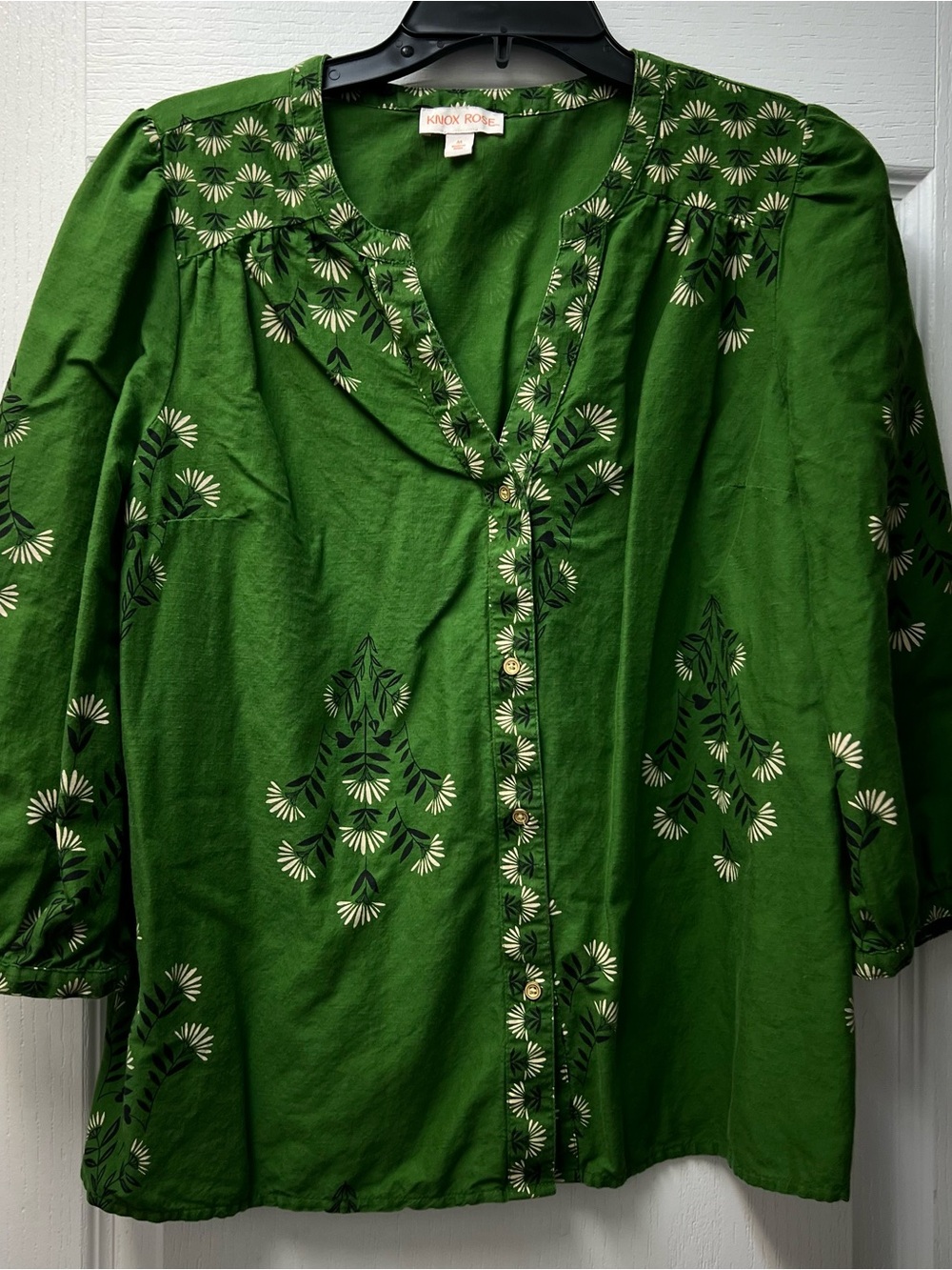 Knox Rose Green Floral Print V-Neck Button Front Blouse Top Sz Med